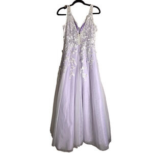 XScape A-Line Gown Purple with Mesh Overlay Embroidered V-Neck Dress Whimsy - 6